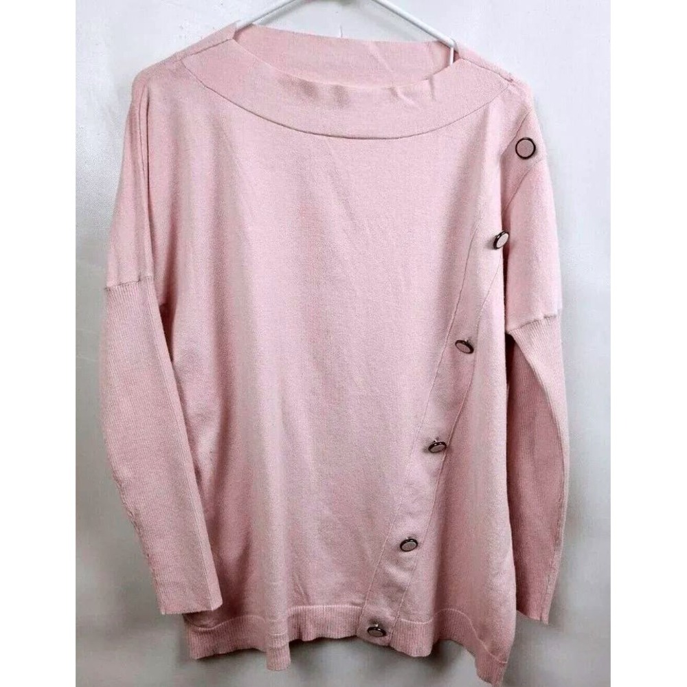 Anne Klein Sweater Womens Medium Pink Asymmetrical Button Boat Neck Long Sleeve
